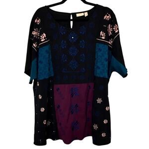 LOGO Lavish Beaded Embroidered Blouse Sz: 1X Scoop Neck Artsy Lagenlook Chic